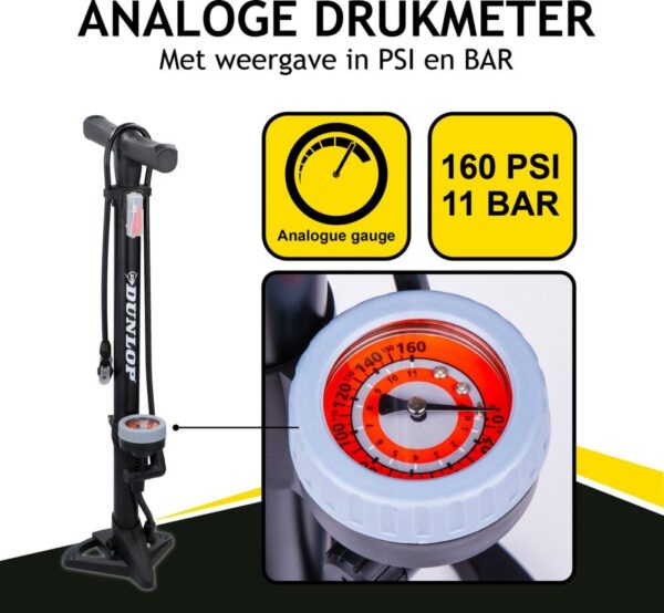 DUNLOP álló nyomásmérős kerékpár pumpa, max 11bar, Presta- Dunlop és Schrader