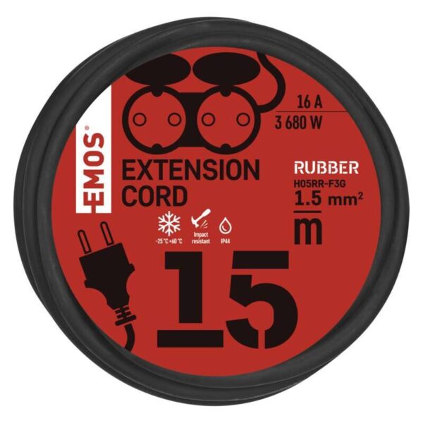 Emos hosszabbító 15 m / 2 aljzat / IP44 / fekete / gumi / 250 V / 1,5 mm2