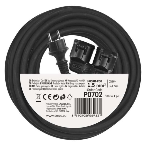 Emos hosszabbító 15 m / 2 aljzat / IP44 / fekete / gumi / 250 V / 1,5 mm2