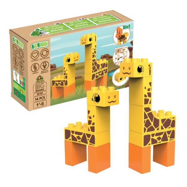 BiOBUDDi BB-0103 | készségfejlesztő bio építőjáték | Sztyeppe - 2 az 1-ben zsiráf vagy jávorszarvas