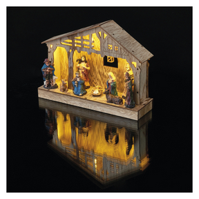 LED karácsonyi betlehem, fa, 19 cm, 3x AA, beltéri, meleg fehér, időzítő
