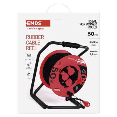 EMOS Kültéri kábeldob 50 m / 4 aljzat / fekete / gumi / 230 V / 2,5 mm2, IP44