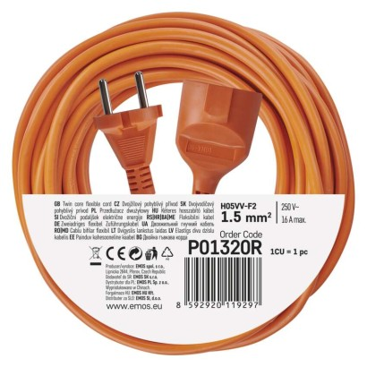 EMOS Hosszabbító 20 m / 1 aljzat / narancssárga / PVC / 230 V / 1,5 mm2